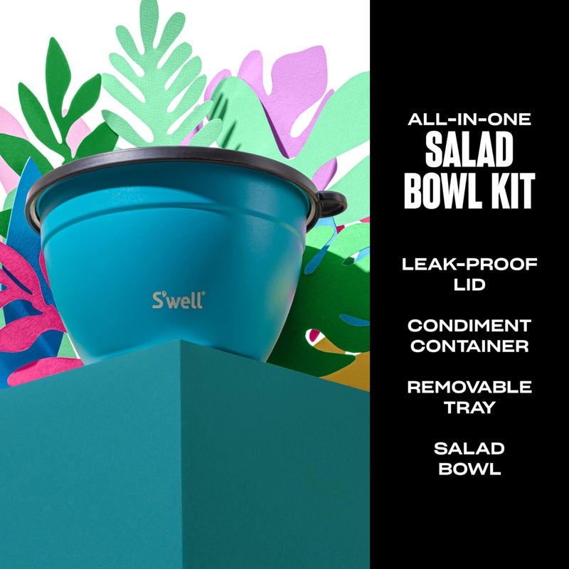 S'well Stainless Steel Salad Bowl Kit 64oz, Peacock Blue, Comes with 2oz Mini Canister and Removable Tray for Organization, Leakproof, Easy to Clean, Dishwasher Safe - Image 2