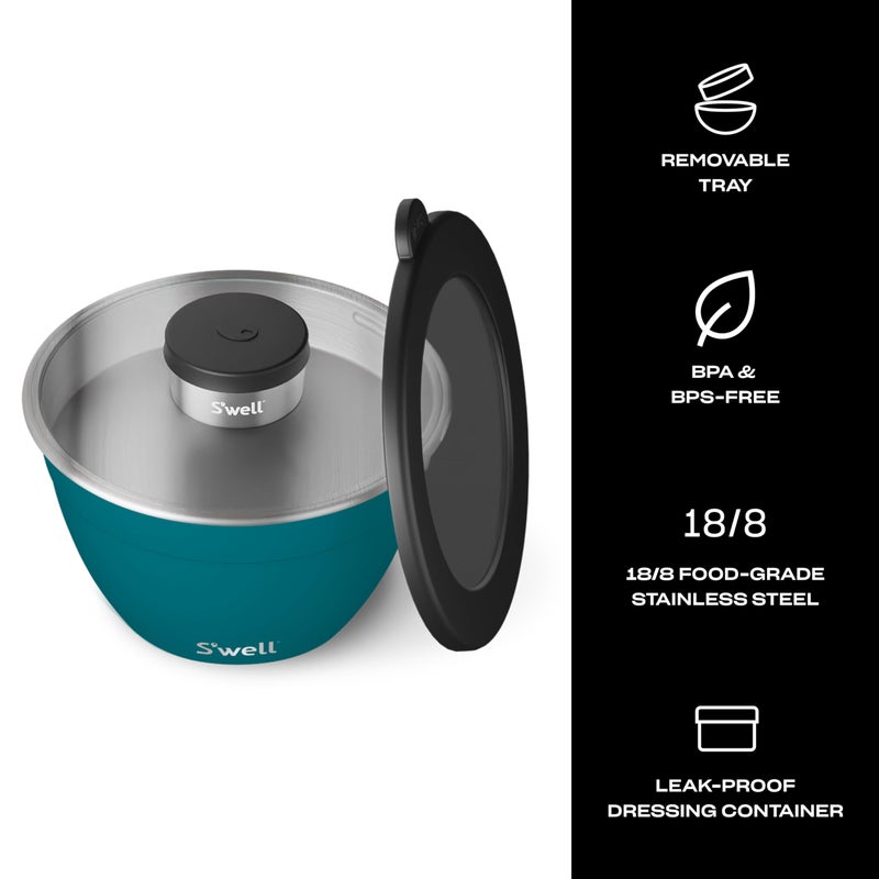 S'well Stainless Steel Salad Bowl Kit 64oz, Peacock Blue, Comes with 2oz Mini Canister and Removable Tray for Organization, Leakproof, Easy to Clean, Dishwasher Safe - Image 3