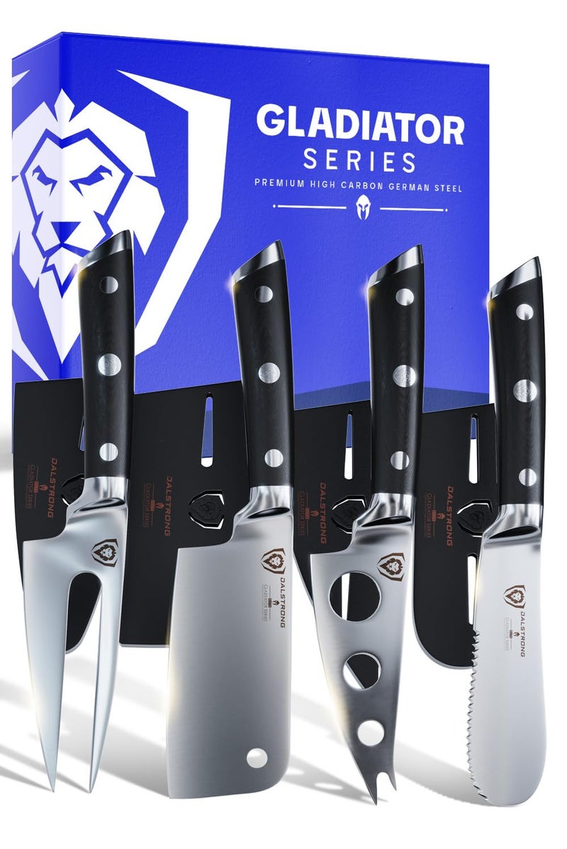 Dalstrong Charcuterie & Cheese Knife Set-4pc-Gladiator Series Elite-Mini Cleaver, Serrated,Round-Tip,Forked Cheese Knives Set-G10 Handle-Soft & Hard Cheese-Sheath-NSF Certified - Image 1