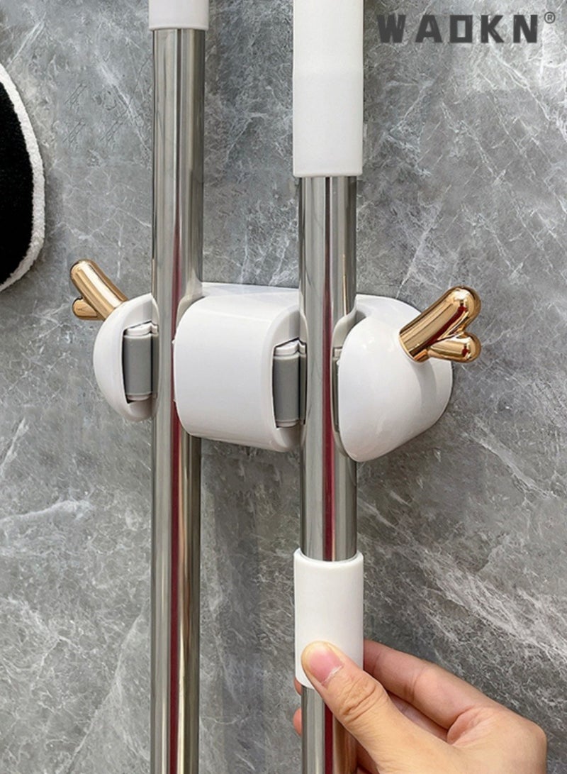 دبليو أيه أو كي أن رف مكنسة وممسحة مثبت على الحائط مع رفين، رف أدوات تخزين المكنسة ورف ممسحة، رف تخزين أدوات الحديقة مع خطافات لاصقة لسقيفة المطبخ ومرآب الغسيل المنزلي، أبيض - Image 4