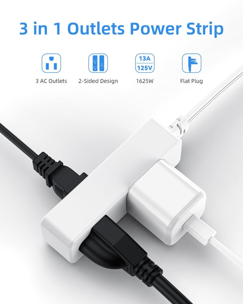LitStar Flat Plug Extension Cord with 3 Outlets - 3 ft White Low Profile Indoor 3 Prong Grounded Power Strip - 16/3 AWG, 13A/1625W for Indoor Cable Organization & Space-Saving - Image 2
