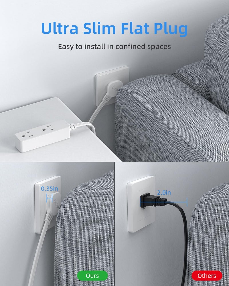LitStar Flat Plug Extension Cord with 3 Outlets - 3 ft White Low Profile Indoor 3 Prong Grounded Power Strip - 16/3 AWG, 13A/1625W for Indoor Cable Organization & Space-Saving - Image 3