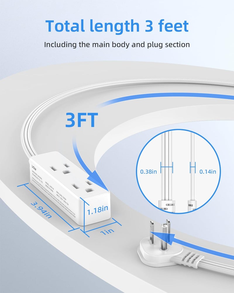 LitStar Flat Plug Extension Cord with 3 Outlets - 3 ft White Low Profile Indoor 3 Prong Grounded Power Strip - 16/3 AWG, 13A/1625W for Indoor Cable Organization & Space-Saving - Image 5