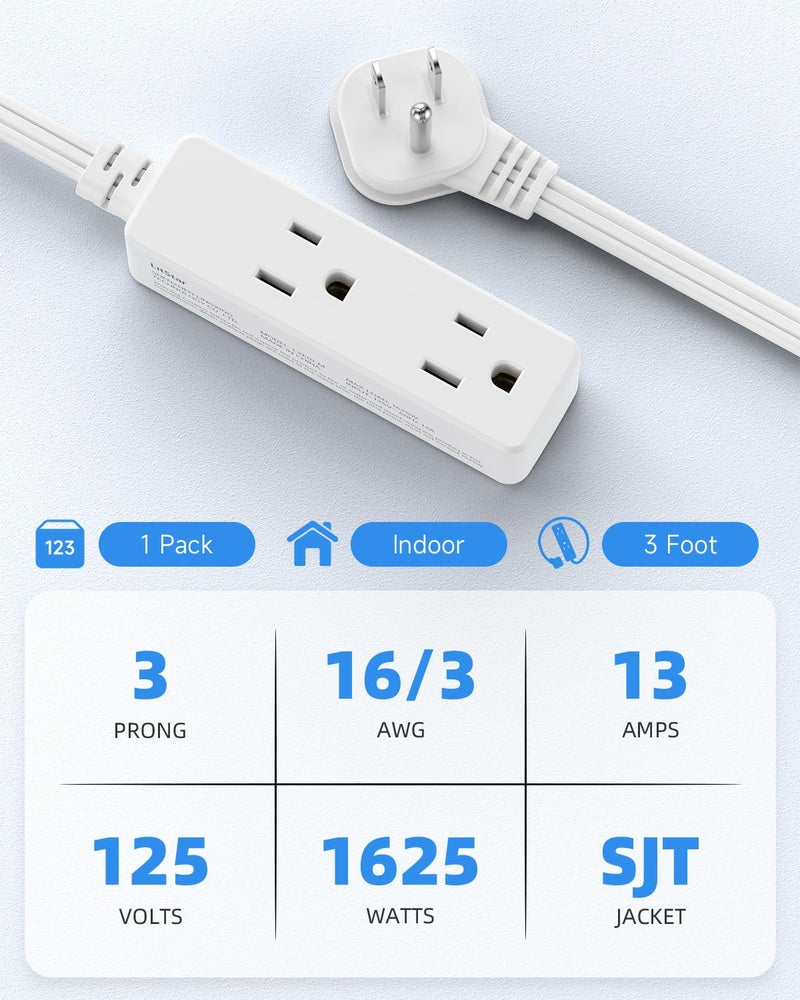 LitStar Flat Plug Extension Cord with 3 Outlets - 3 ft White Low Profile Indoor 3 Prong Grounded Power Strip - 16/3 AWG, 13A/1625W for Indoor Cable Organization & Space-Saving - Image 4