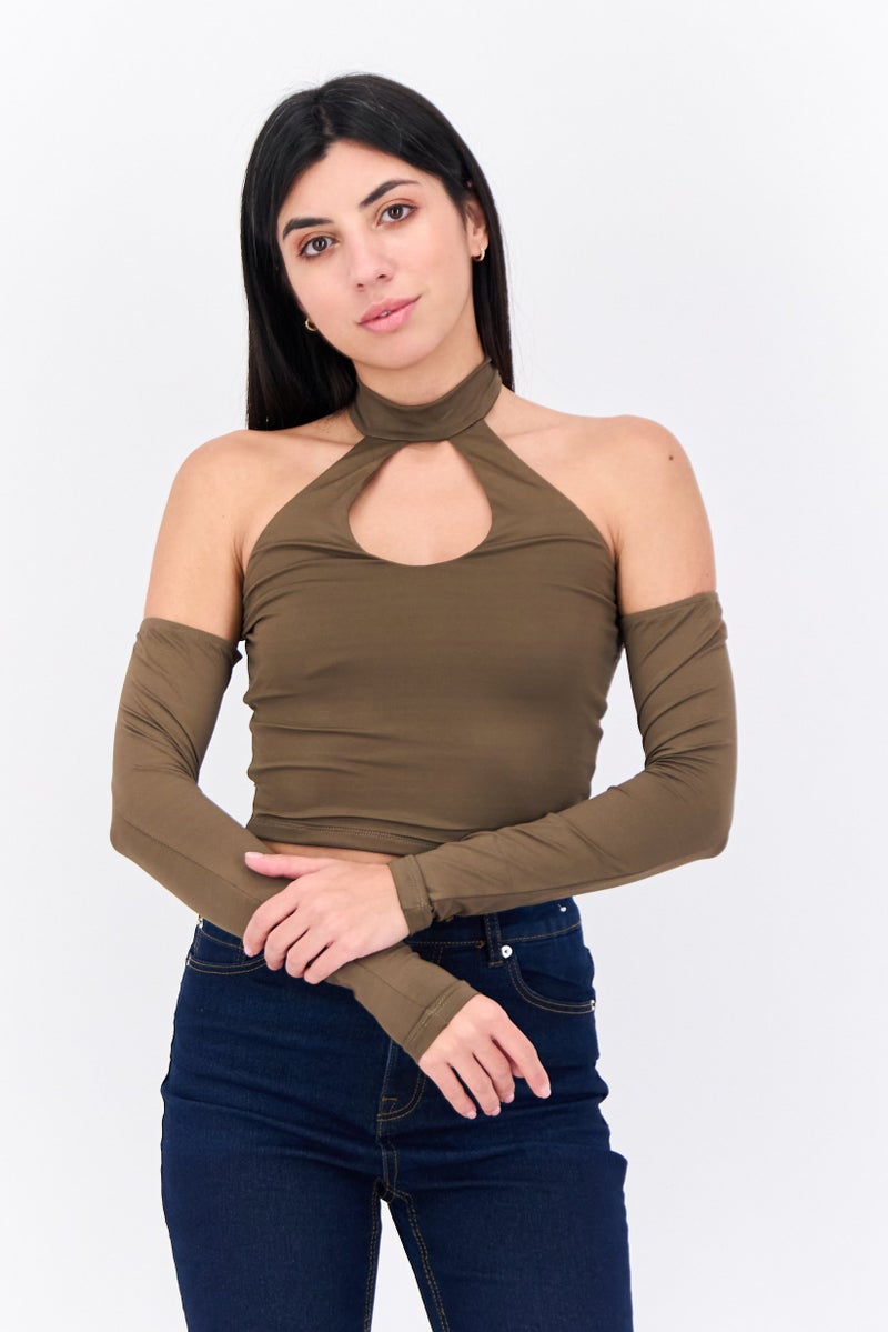 Bershka بلوزة نسائية بأكمام طويلة وقبة هالتر، زيتوني داكن - Image 1