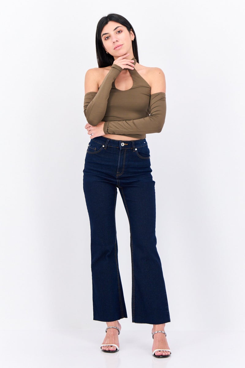 Bershka بلوزة نسائية بأكمام طويلة وقبة هالتر، زيتوني داكن - Image 4