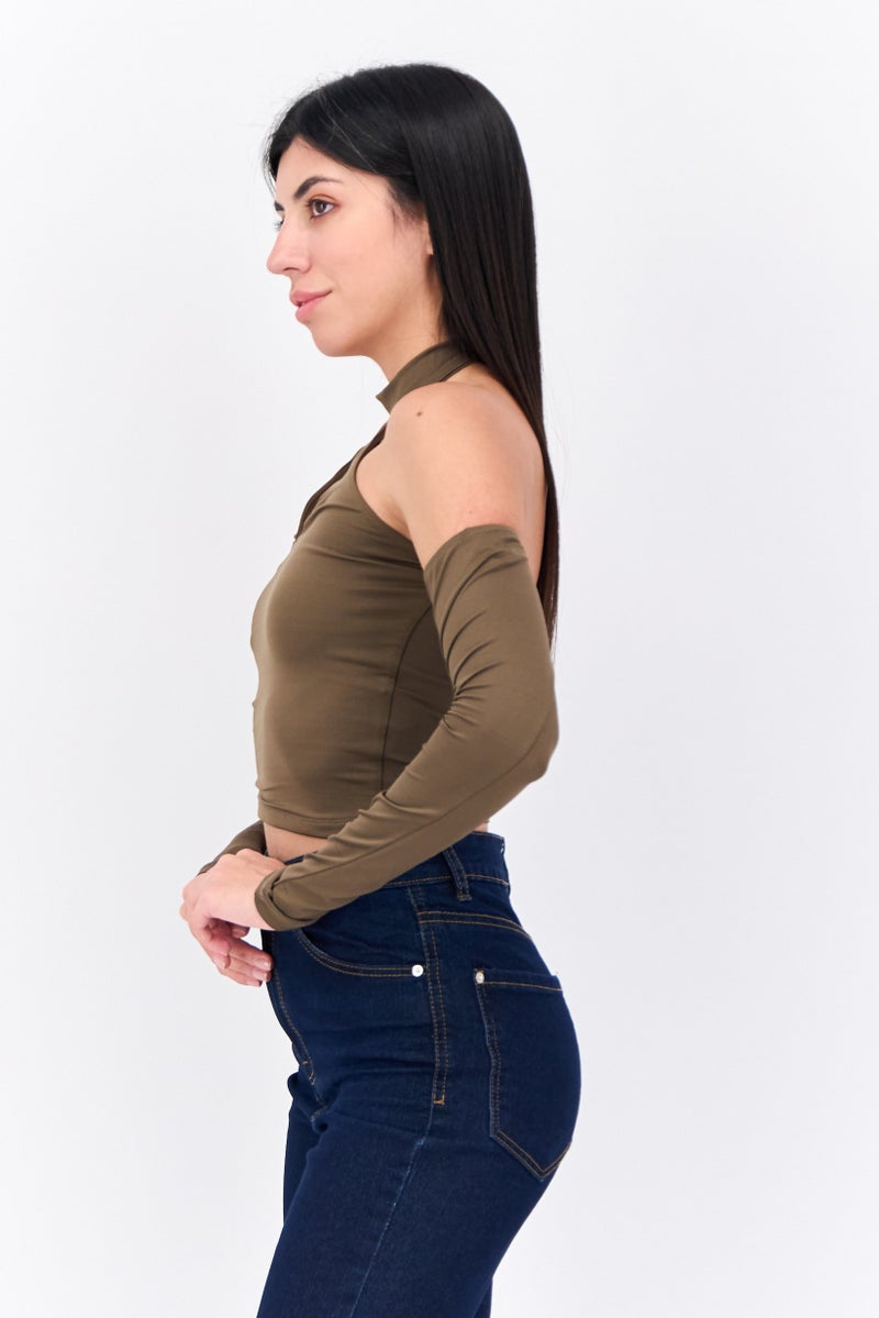 Bershka بلوزة نسائية بأكمام طويلة وقبة هالتر، زيتوني داكن - Image 2