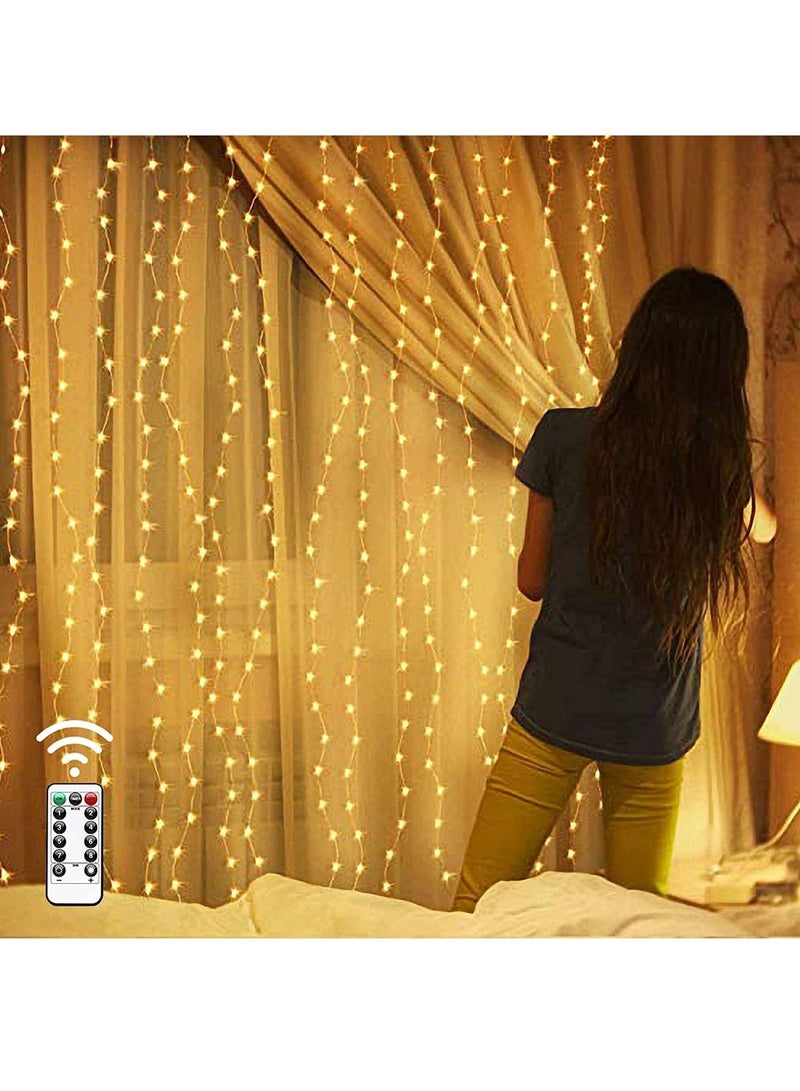 SYOSI Fairy String Lights, Warm White 300 LED, 9.8x9.8 Feet, Hanging Light for Bedroom Wall, Home Decor Lighting, Lighted Bed Room Curtain, Party Wedding Decorations Backdrop - Image 1