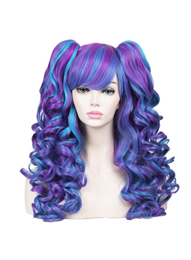ColorGround Long Curly Cosplay Wig with 2 Ponytails(Blue/Purple) - Image 1