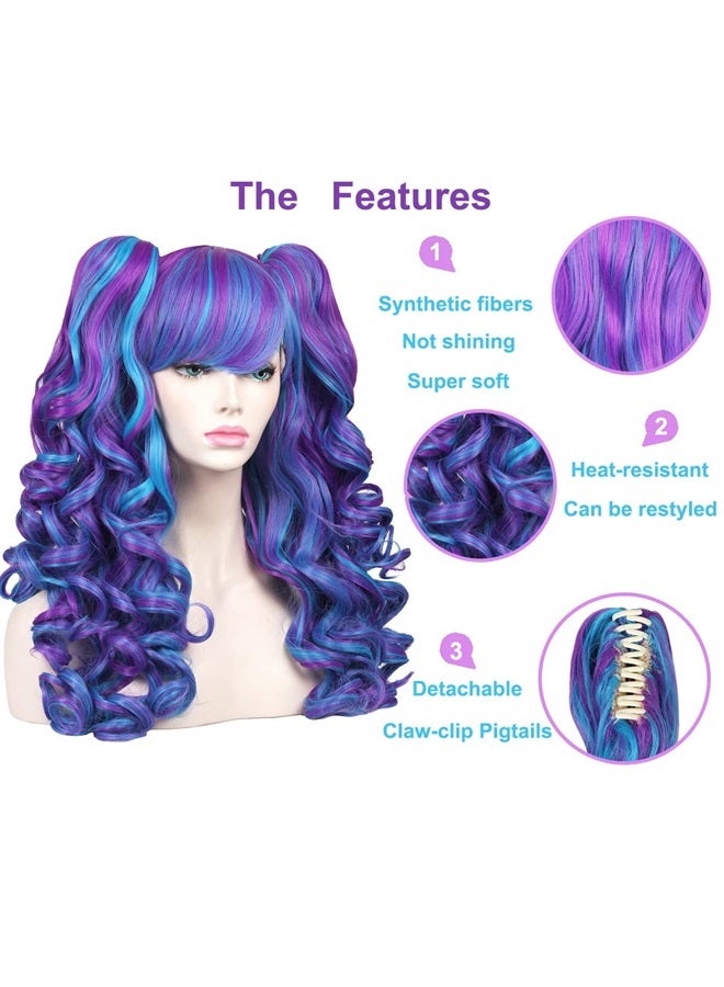 ColorGround Long Curly Cosplay Wig with 2 Ponytails(Blue/Purple) - Image 4