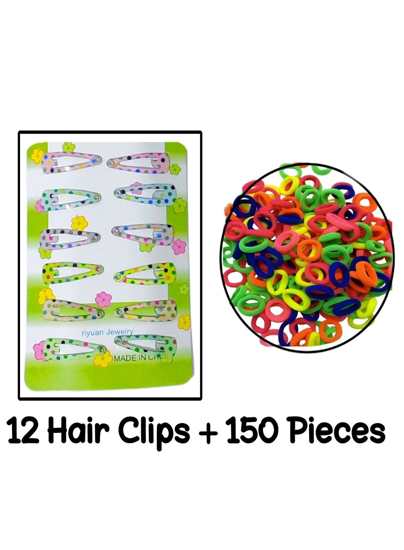 Set of 150 Girly colorful elastic hair bobbles ties and 12 small hair clips