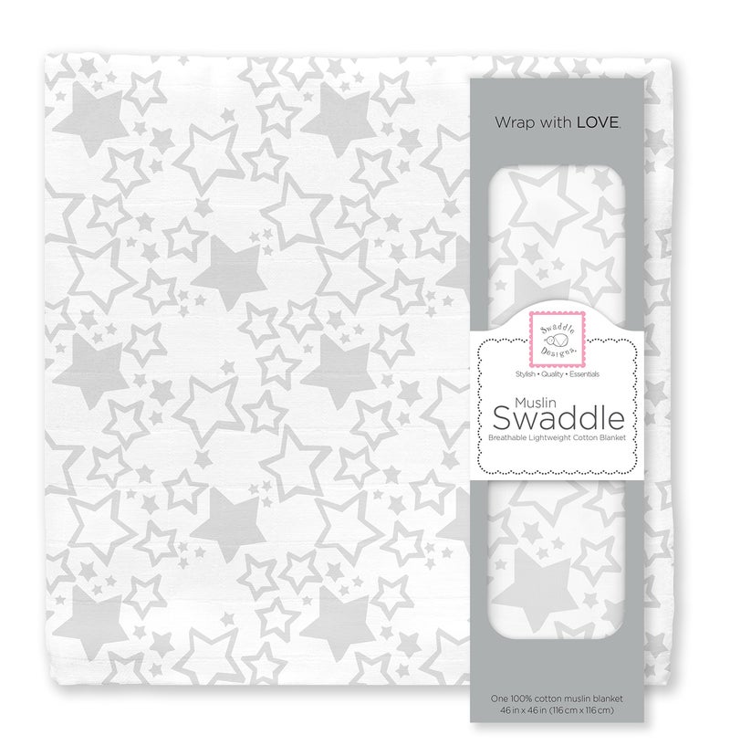 SwaddleDesigns Cotton Muslin Swaddle Blanket Receiving Blanket for Boys  Girls Best Shower Gift 46x46 inches Sterling Starshine