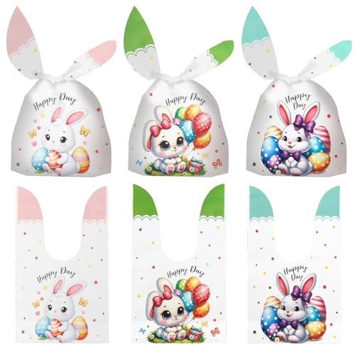 ChicQuench Easter Treat Bags, 50 PCS Easter Candy Bags, Easter Gift Bags, Easter Goodie Bags, Rabbit Ear Shape Plastic Easter Cookie Bags Snack Bags Goody Bags for Kids Easter Party Favor Supplies, 3 Styles - Image 1