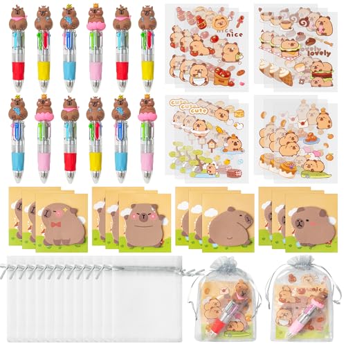 CY2SIDE Capy Stationery Party Gift 12 Pack Birthday Gift Set with Fun Animal 4in1 Ballpoint Pen Sticky Note Sticker and Organza Capy Party Favor Goodie Bag Fillers for School Rewards - Image 1