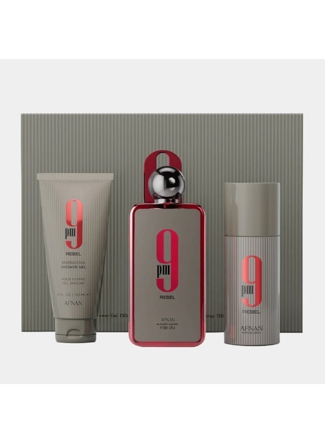 Afnan مجموعة هدايا عطر أفنان 9PM ريبيل للرجال EDP 100 مل + مزيل عرق 150 مل + جل استحمام 150 مل - Image 1
