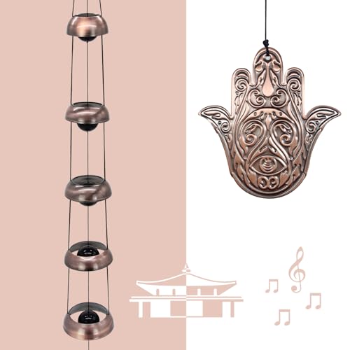 ASTARIN Copper Hand of God Temple Wind Chime – 5-Bell Red Copper Feng Shui Chime with Sacred Hand of God Medallion for Porch, Patio, Garden Décor & Memorial Keepsake - Image 2