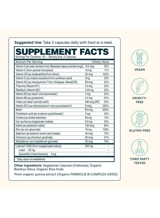 Ora Organic Plant Based Multivitamin for Women and Men, Bluelight Protection - Brain, Eye, Energy, Immune, Skin, Hair, Heart, and Bone Health Support, 60 Vegan Capsules - Image 3