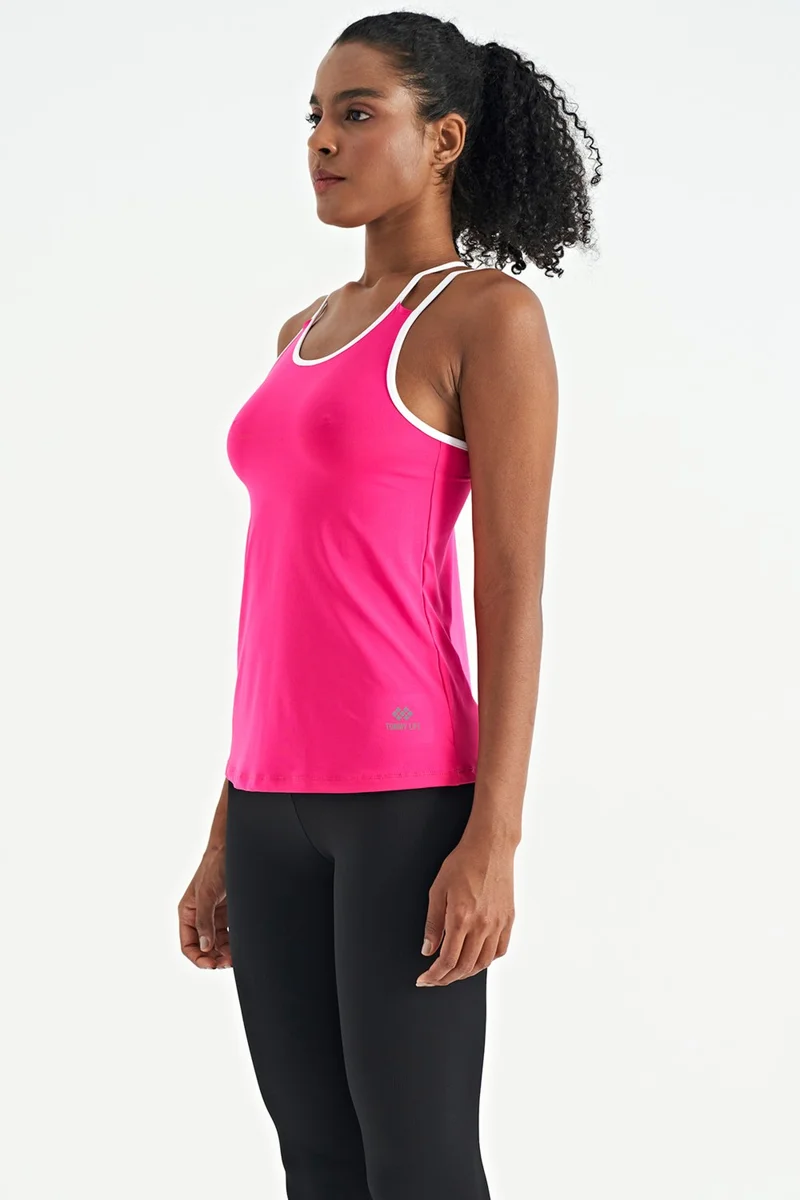 Tommy Life Fuchsia Double Strap Back Detailed Standard Pattern Women's Sports Undershirt - 97258