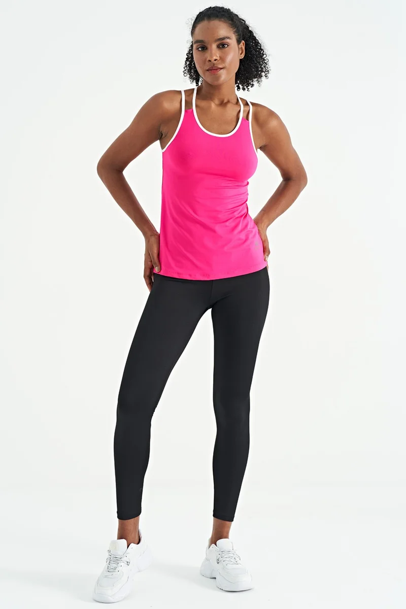 Tommy Life Fuchsia Double Strap Back Detailed Standard Pattern Women's Sports Undershirt - 97258
