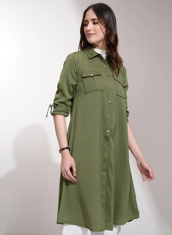 طوكيو توكيز Tokyo Talkies Solid Longline Button Shrug with Pockets Detail