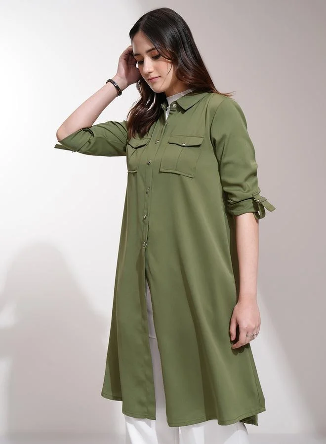 طوكيو توكيز Tokyo Talkies Solid Longline Button Shrug with Pockets Detail