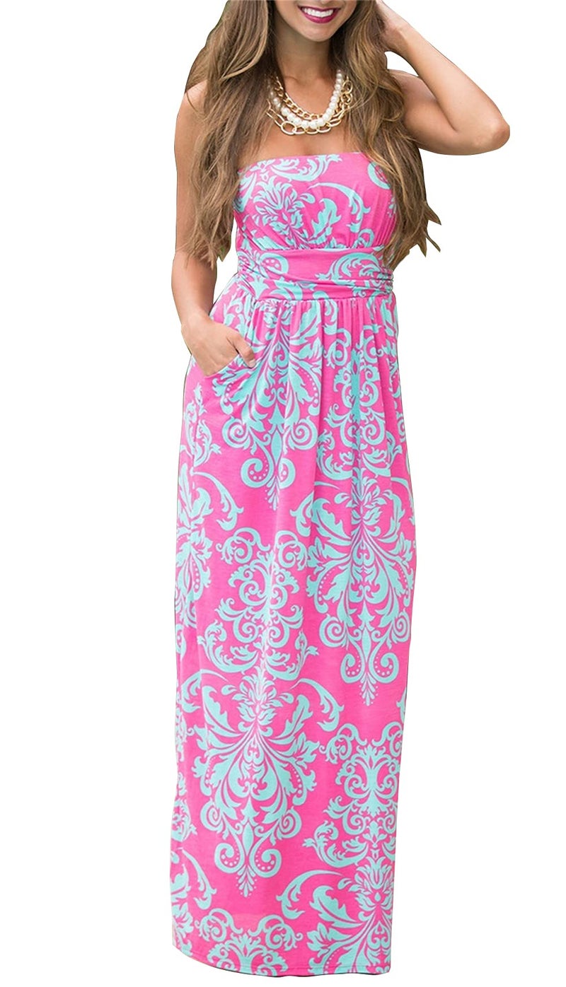 PRIMODA Womens Strapless Tube Top Maxi Dress Floral Boho Beach Dress with Pockets(L 7#Rose) - Image 1