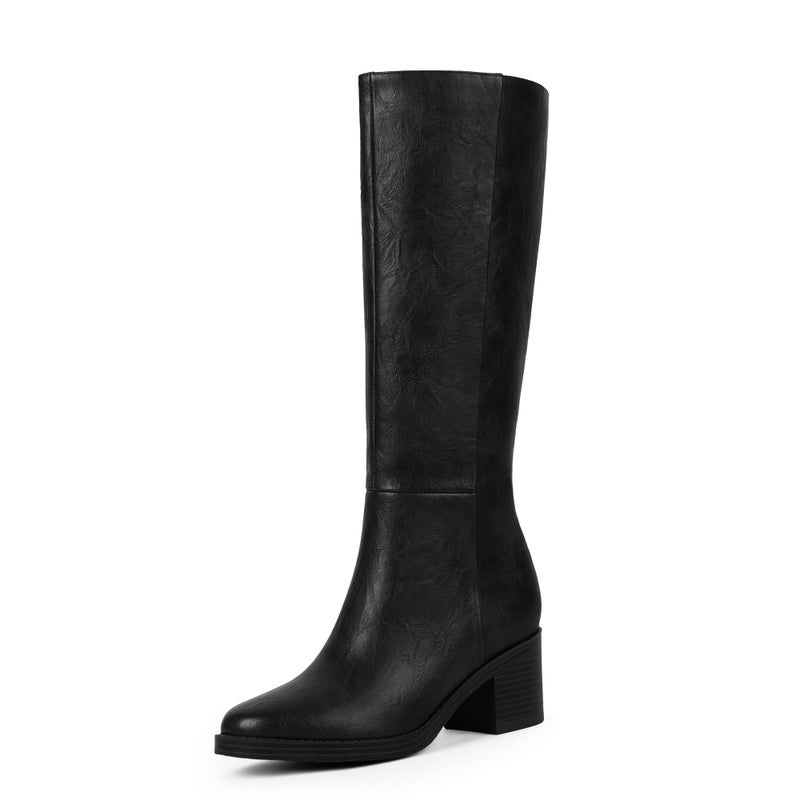 Easyfox Black Boots for Women Low Heeled Knee High Boots Chunky Heel Tall Long Leather Boot Round Toe Block Heel Dress Calf High Boot 2025 Size 8 - Image 1