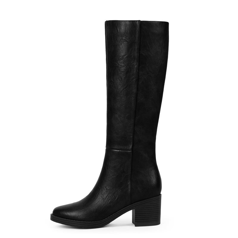 Easyfox Black Boots for Women Low Heeled Knee High Boots Chunky Heel Tall Long Leather Boot Round Toe Block Heel Dress Calf High Boot 2025 Size 8 - Image 4