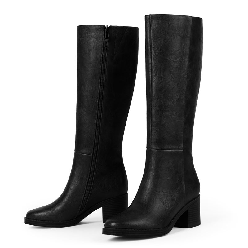 Easyfox Black Boots for Women Low Heeled Knee High Boots Chunky Heel Tall Long Leather Boot Round Toe Block Heel Dress Calf High Boot 2025 Size 8 - Image 5