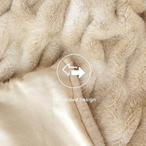 blunique Faux Fur Blanket, Throw Blanket for Couch, Fluffy Blanket with Stretch Ruched Design, Ultra Soft Giftable Home Decor, 50x60 inches, Tie-Dyed in Khaki - Image 3