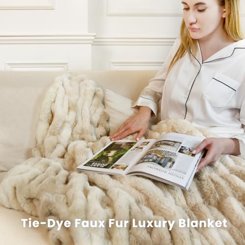 blunique Faux Fur Blanket, Throw Blanket for Couch, Fluffy Blanket with Stretch Ruched Design, Ultra Soft Giftable Home Decor, 50x60 inches, Tie-Dyed in Khaki - Image 2