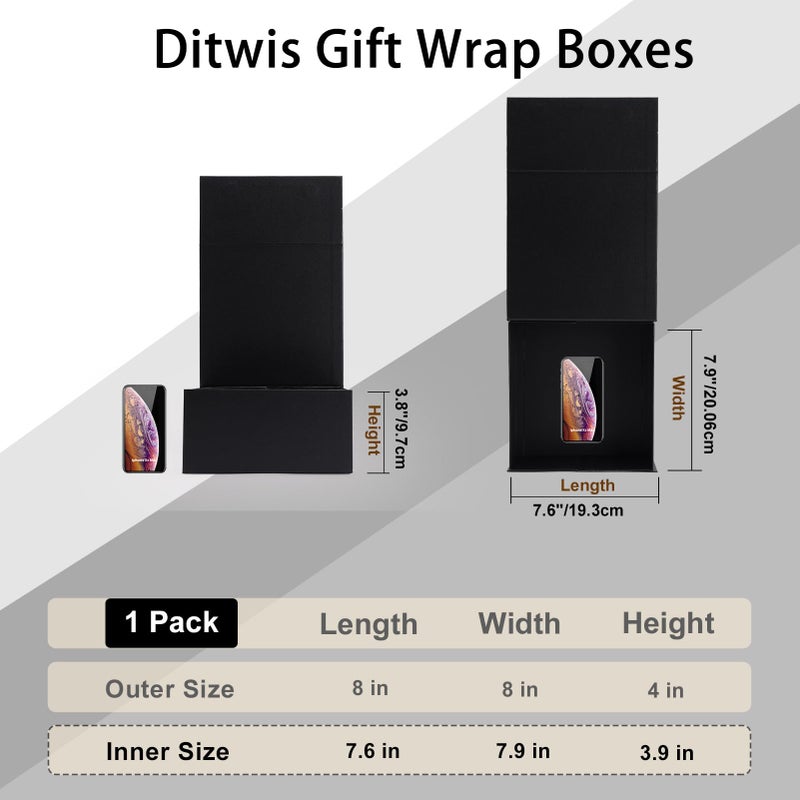 Ditwis 8x8x4 Inches Gift Box with Magnetic Closure Lid, Black Magnetic Box for Wedding, Groomsmen Bridesmaid Proposal, Birthdays, Mother's Day, 1 Pack - Image 2