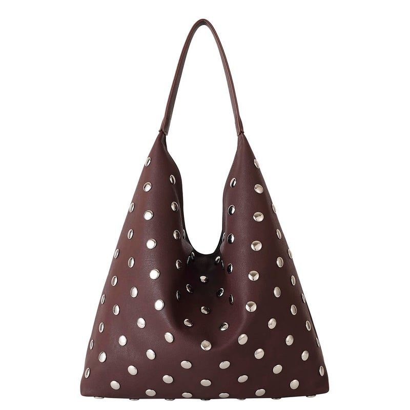 YLYYHH Studded Hobo Purse for Women, Leather Tote Bag Rivet Studded Shoulder Bag Punk Handbag (Burgundy) - Image 1