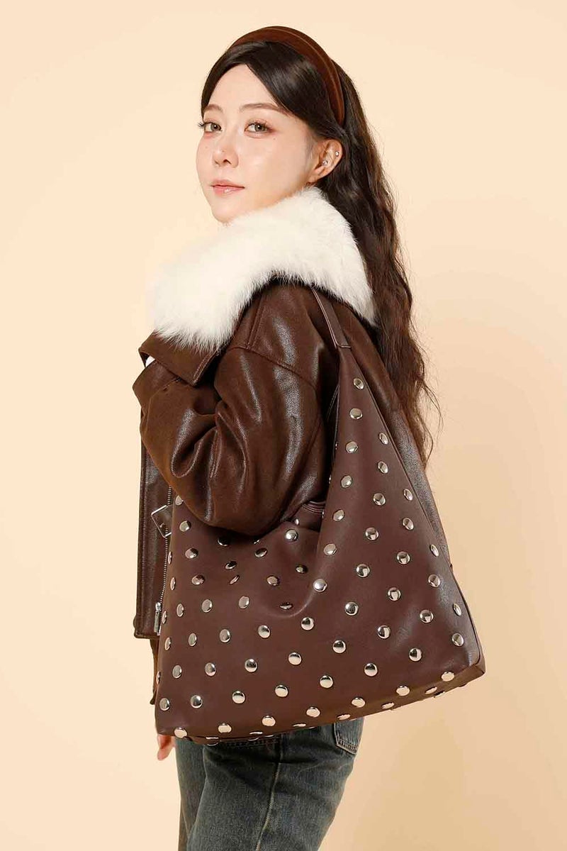 YLYYHH Studded Hobo Purse for Women, Leather Tote Bag Rivet Studded Shoulder Bag Punk Handbag (Burgundy) - Image 3