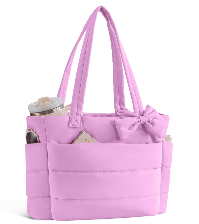 CTWWFS Puffer Tote Bag for Women, Quilted Bow Tote Bag with Cup Holder & 15.6 In Laptop Compartment, Lightweight Puffy Shoulder Bag with Zipper for Work, Travel, Gym, College (Purple) - Image 1