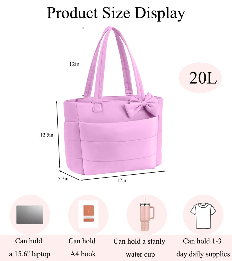 CTWWFS Puffer Tote Bag for Women, Quilted Bow Tote Bag with Cup Holder & 15.6 In Laptop Compartment, Lightweight Puffy Shoulder Bag with Zipper for Work, Travel, Gym, College (Purple) - Image 3