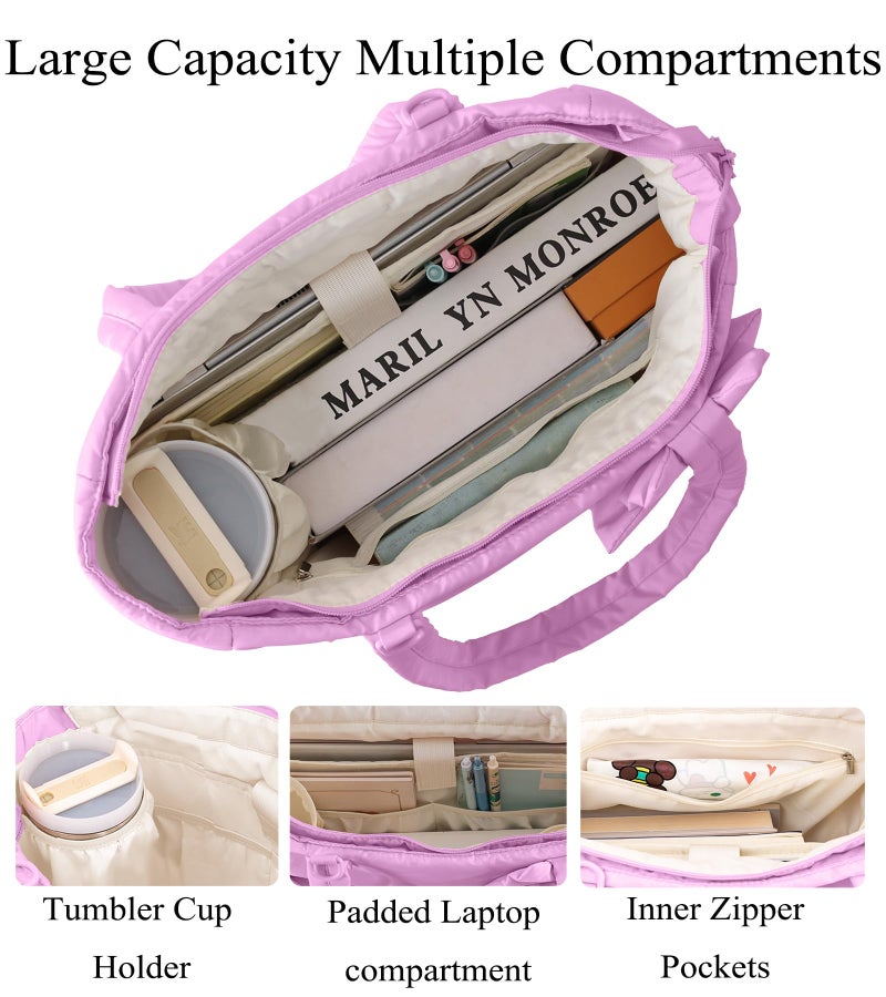 CTWWFS Puffer Tote Bag for Women, Quilted Bow Tote Bag with Cup Holder & 15.6 In Laptop Compartment, Lightweight Puffy Shoulder Bag with Zipper for Work, Travel, Gym, College (Purple) - Image 4