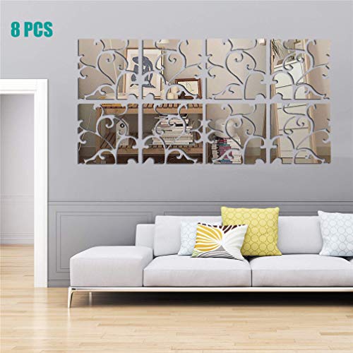 Xemz 3D Mirror Wall Stickers, Acrylic Square Geometric Pattern DIY Art Decals, Self Adhesive Mirror Plastic Wall Sheet Tiles Home Decoration for Living Room Bedroom Stair Wall Decor (Floral- 8pcs) - Image 2