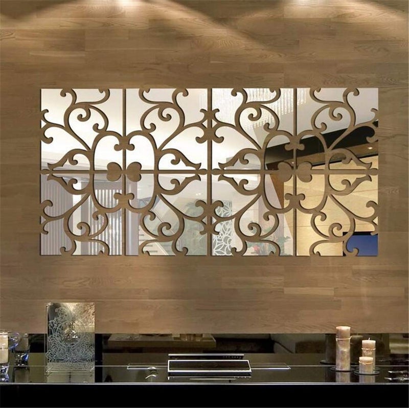 Xemz 3D Mirror Wall Stickers, Acrylic Square Geometric Pattern DIY Art Decals, Self Adhesive Mirror Plastic Wall Sheet Tiles Home Decoration for Living Room Bedroom Stair Wall Decor (Floral- 8pcs) - Image 1