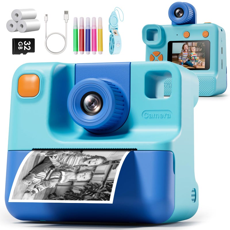 GREENKINDER Kids Camera Instant Print, Christmas Birthday Gifts for Girl Boys 3-12 Years Old, FHD Selfie Digital Video Cameras Toddler 3 Rolls Print Paper & 32G Card (Blue) - Image 1