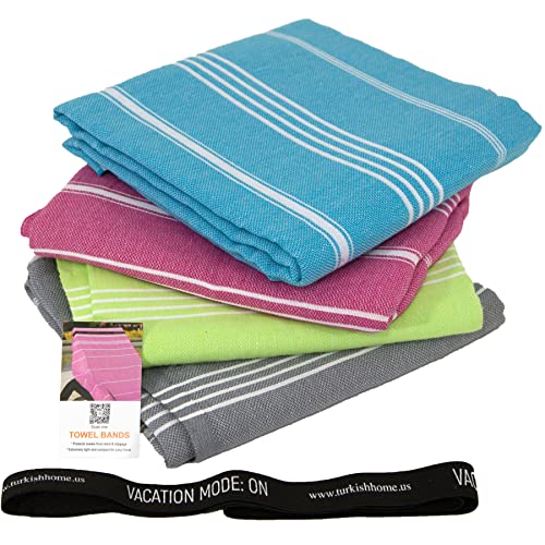 Clotho 4 Pack Turkish Beach Towel Set with Chair Bands - 100% Cotton 39x70 Oversized Pool Towels - Made in Turkey, Soft, Absorbent, Sand Free, Fast Drying for Swimming Bundle Set of 4 - Image 1