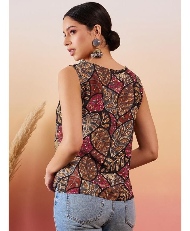 InWeave بلوزة بغطاء ورقة رمادية سوداء مطبوعة بالورق المعدني - Image 3