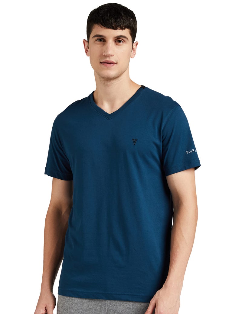 Van Heusen Athleisure Men T-Shirt - Cotton Rich - Smart Tech, Easy Stain Release, Anti Stat, Ultra Soft, Quick Dry_60001_Deep Sea_M - Image 1