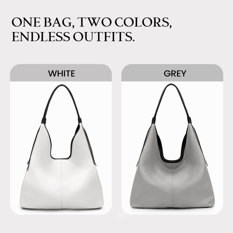 befen Genuine Leather Slouchy Hobo Purses for Women, Casual Hobo Bags Real Top Grain Leather Tote Handbags Women's White-Gray Shoulder Satchel for Shopping, Outing, Travel - Image 3
