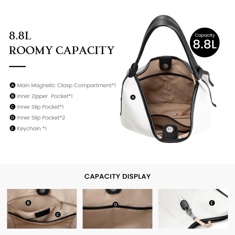 befen Genuine Leather Slouchy Hobo Purses for Women, Casual Hobo Bags Real Top Grain Leather Tote Handbags Women's White-Gray Shoulder Satchel for Shopping, Outing, Travel - Image 5