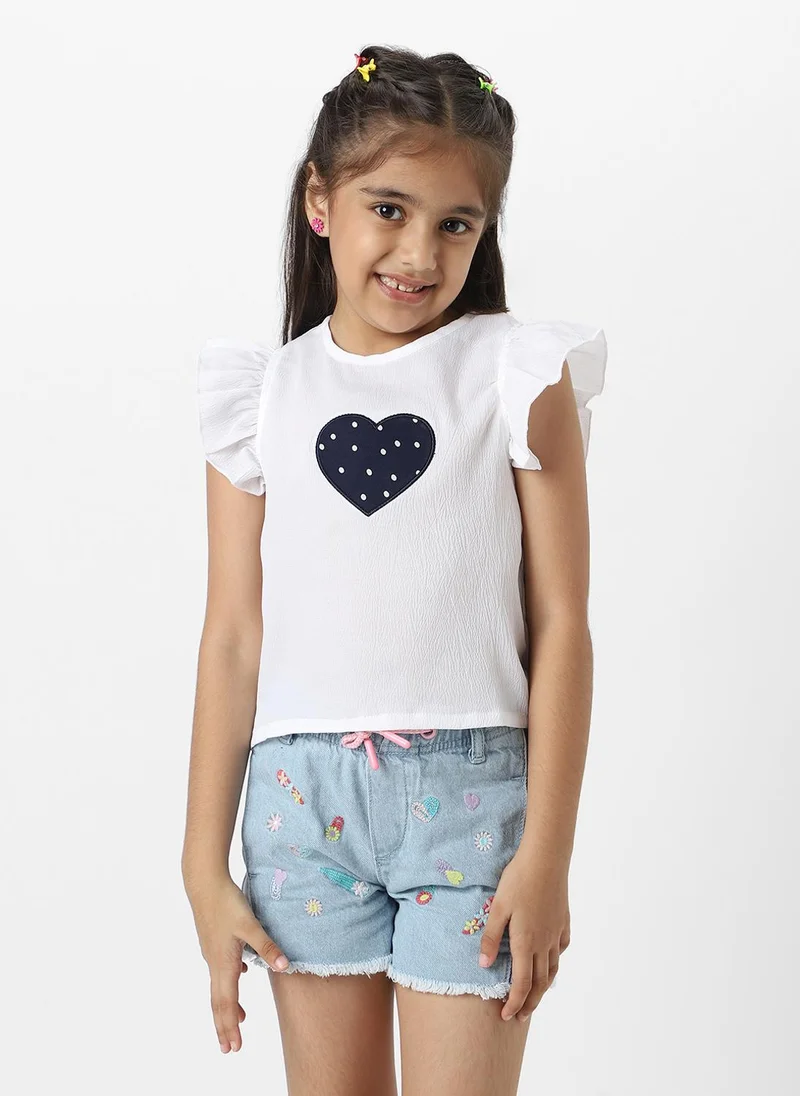 Nautinati Nautinati Girls White Frill Sleeve Everyday Wear Crepe Top With Navy Heart Patch