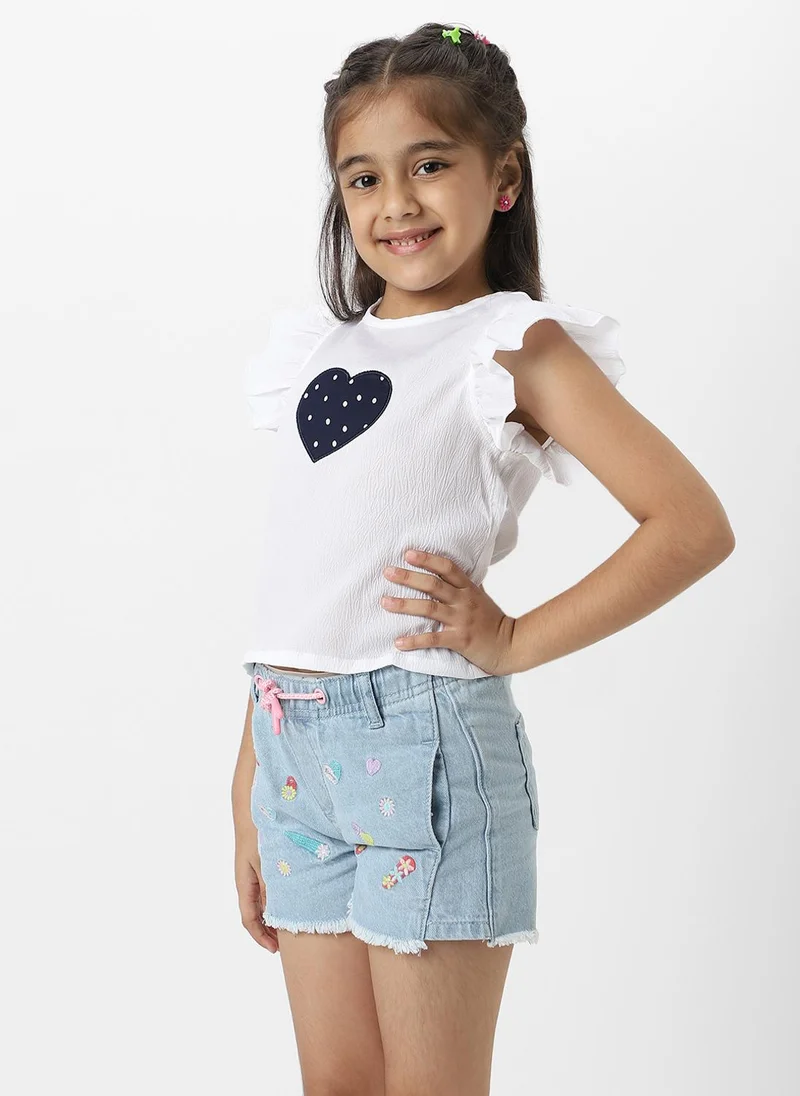 Nautinati Nautinati Girls White Frill Sleeve Everyday Wear Crepe Top With Navy Heart Patch