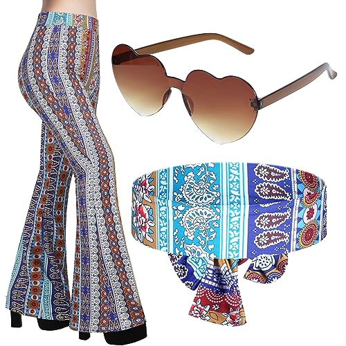 Tisancy 3 Pcs 60s 70s Outfit for Women Hippie Costume Set Disco Flared Pants Groovy Outfit Party Accessories(M Size, Artistic) - Image 1