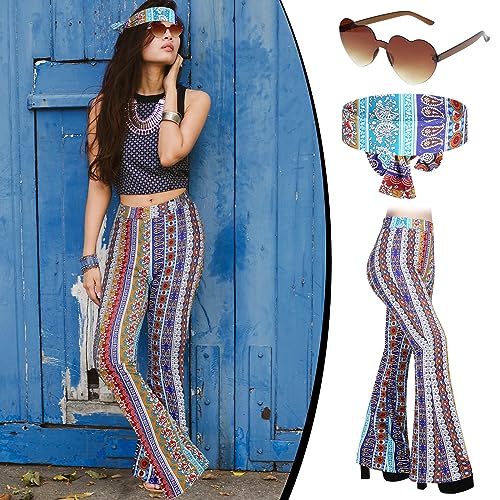 Tisancy 3 Pcs 60s 70s Outfit for Women Hippie Costume Set Disco Flared Pants Groovy Outfit Party Accessories(M Size, Artistic) - Image 4