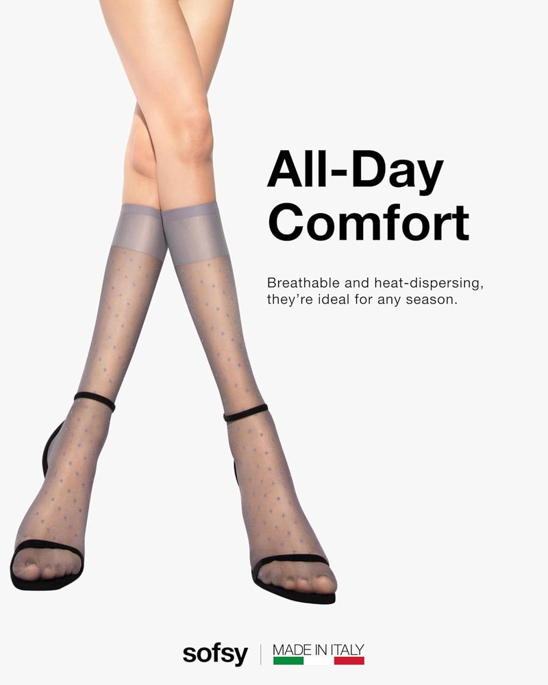 sofsy Italian Dotted Socks Collection (Ankle & Knee High) 20 Den Sheer Patterned Stockings with Ruffled Lace, Geometric Cuffs - Image 4